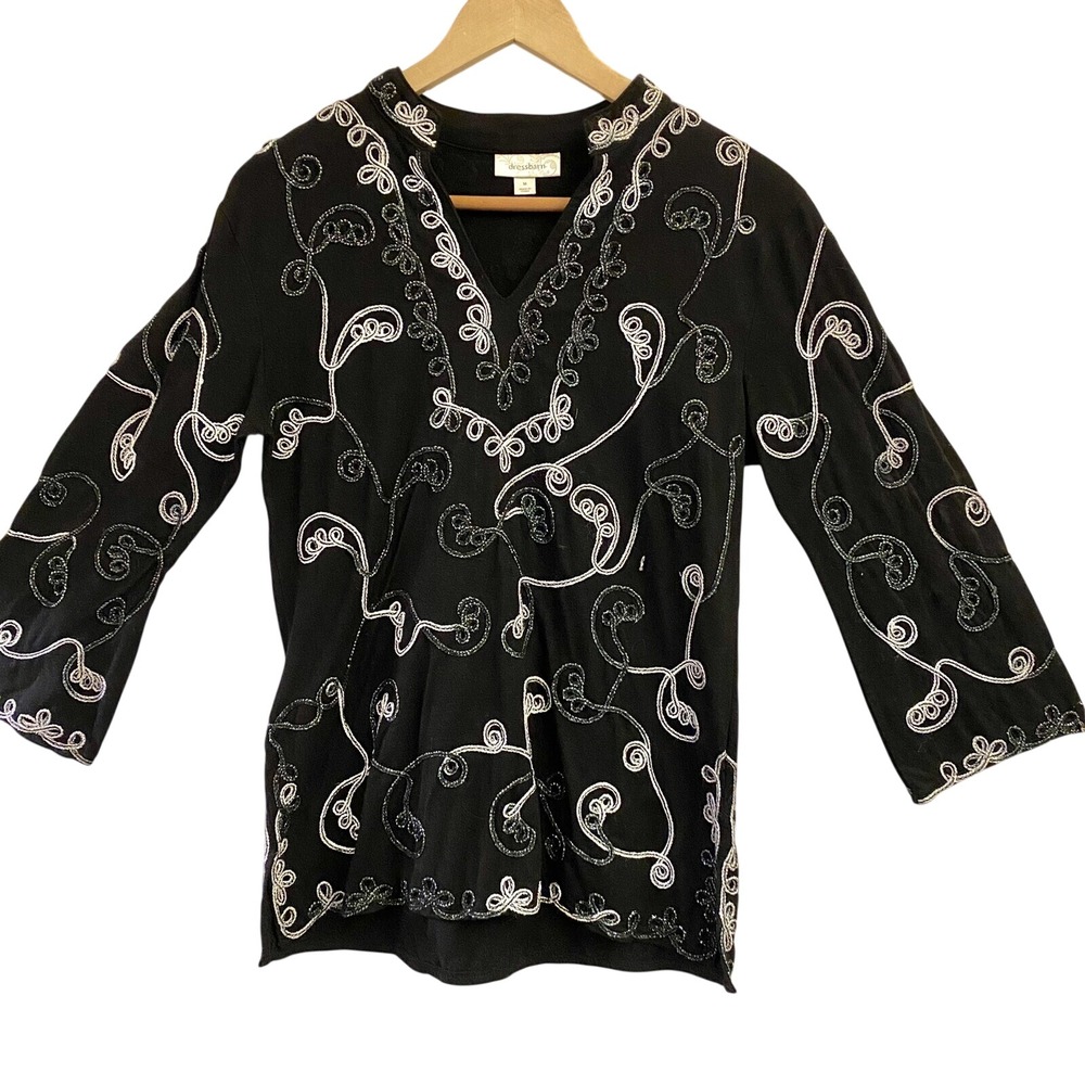 Dressbarn Women's Blouse Black White Embellished Top Size Medium 3/4 Sleeves‎